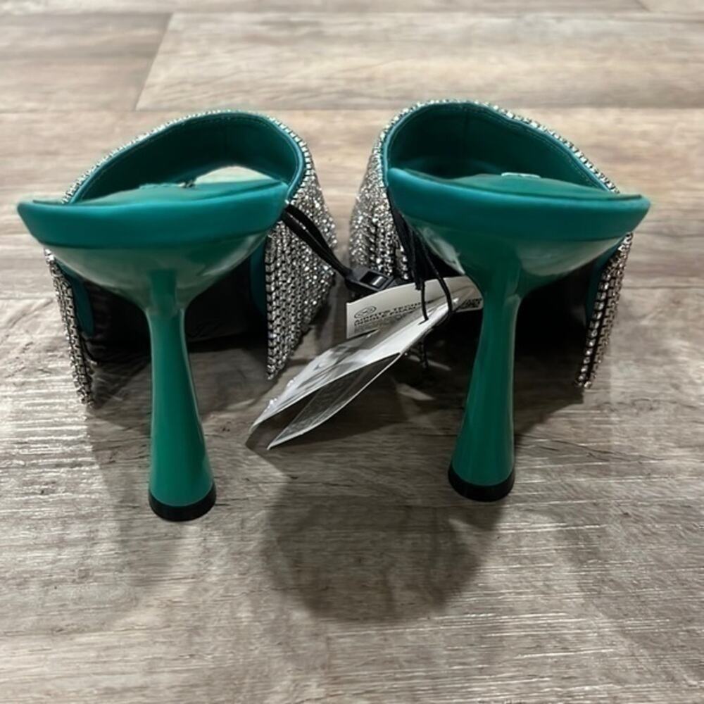 Zara Rhinestone Fringe Mule Heels Green Statement Sandals NWT - Picture 13 of 16